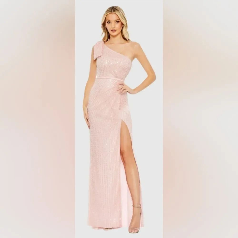 Mac Duggal 93735 Pearl Embellished Soft Tie One Shoulder Gown NWT size  10 Pink
